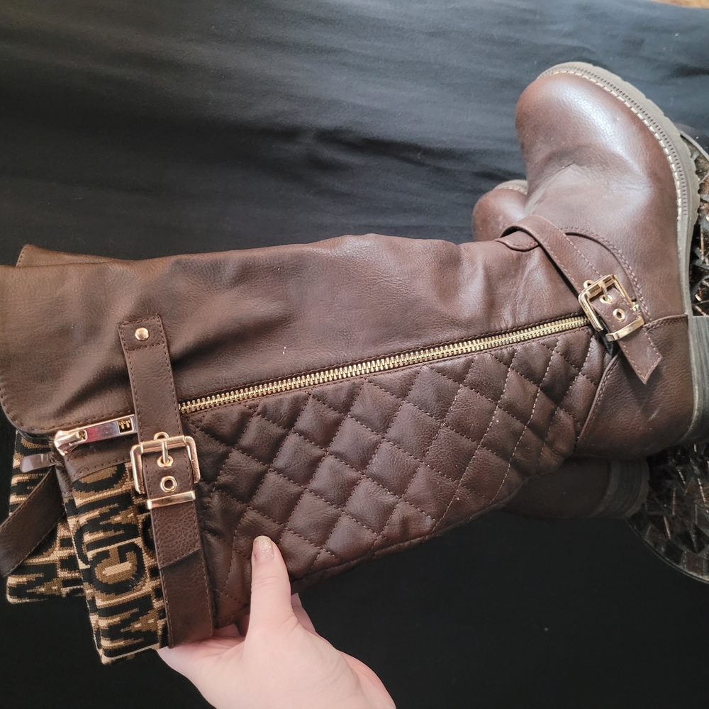 Brown Quilted Knee-High Boots